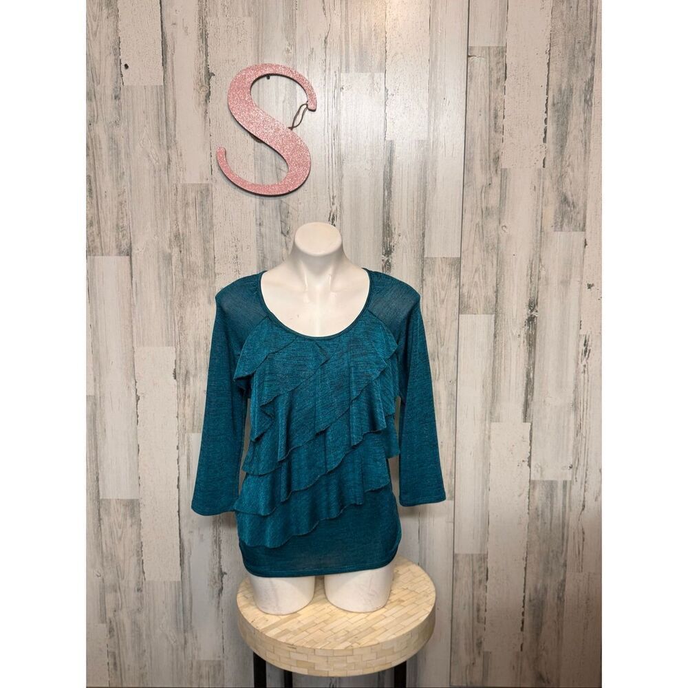 Notations Teal Ruffle Front 3/4 Sleeve Knit Top Women’s Small